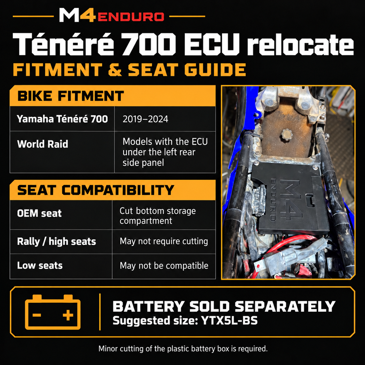 ECU relocate fitment guide: 2019–2024 Ténéré 700 and World Raid with ECU under left rear side panel. OEM seat and battery box need cutting; rally/high seats may not, low seats may not fit. Battery sold separately; suggested YTX5L-BS.