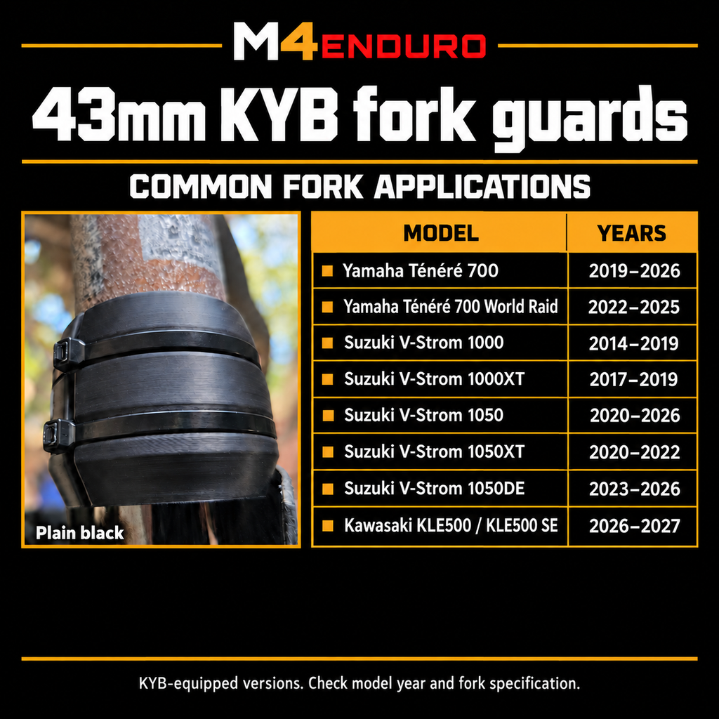 43mm KYB application chart: Ténéré 700 2019–2026; World Raid 2022–2025; V-Strom 1000 2014–2019, 1000XT 2017–2019, 1050 2020–2026, 1050XT 2020–2022, 1050DE 2023–2026; KLE500/SE 2026–2027. Plain-black fork guards.