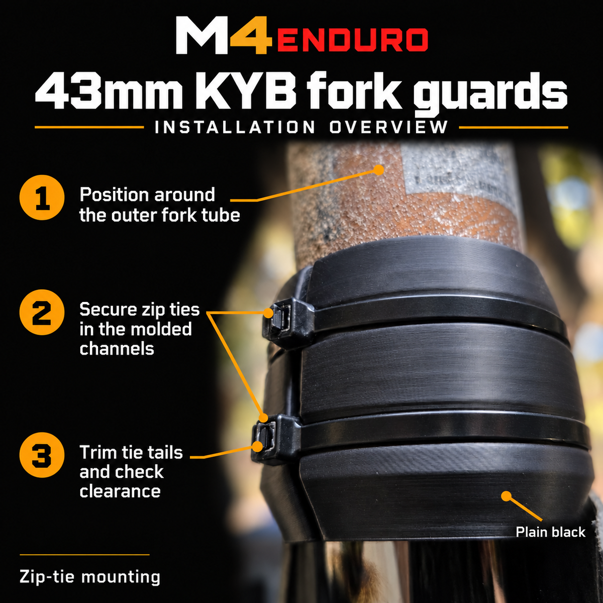 Plain-black 43mm KYB fork guard installation illustration: position on the outer fork tube, secure zip ties in molded channels, trim tie tails and check clearance. No white product logo.