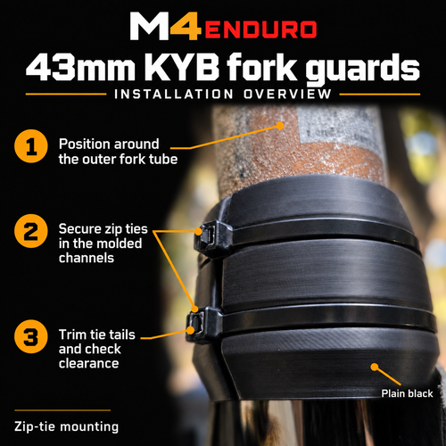Plain-black 43mm KYB fork guard installation illustration: position on the outer fork tube, secure zip ties in molded channels, trim tie tails and check clearance. No white product logo.