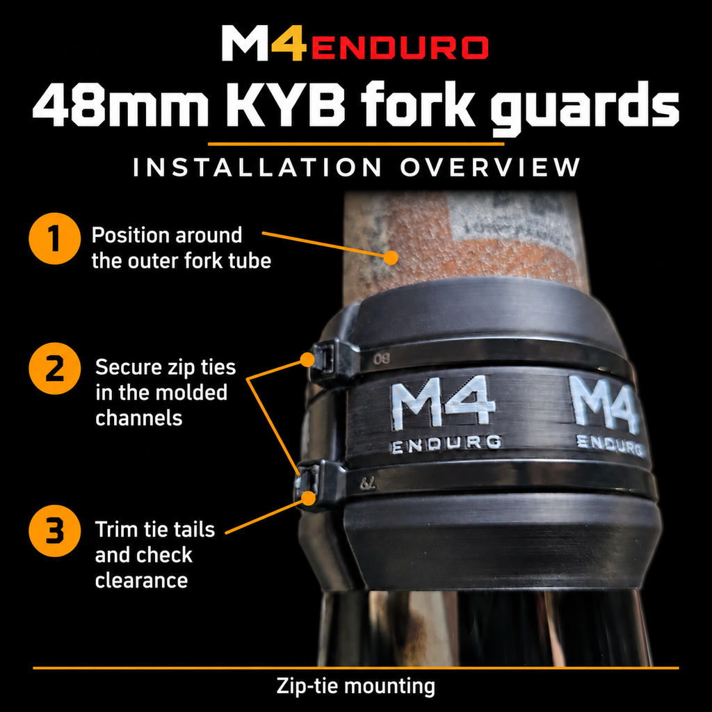 48mm KYB fork guard installation overview: position around the outer fork tube, secure zip ties in molded channels, trim tie tails and check clearance.
